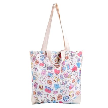 Fancyku- Kpop BTS Bangtan Boys Women Canvas Tote Handbags Casual Shoulder Work Bag Crossbody Cute BTS Cartoon Print Shoulder Bag