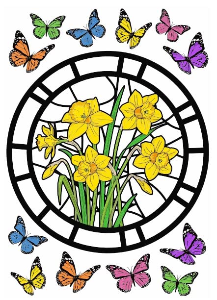 Stained Glass Daffodil Poppy Flower Butterfly Window Stickers Also Stops Birds Hitting Window (Daffodil) size-A4-2 Pages.