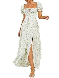 Women's Summer Puff Sleeve Floral Split Maxi Dress