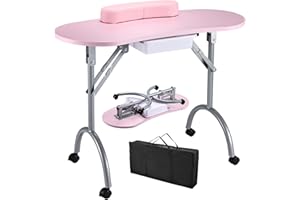 Faquenc Portable Nail Table Manicure Desk Foldable Nails Tech Station Professional Nail Desk with Drawer & Wrist Rest Wheeled Manicurist Workstation for Home Spa Beauty Salon Pink