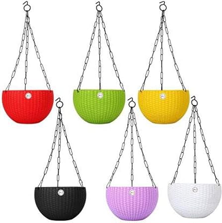 Abasr Plastic Flower Pot With Hanging Chain, Multicolour, Pot Diameter -7.1 Inch, Pot Height -4.8 Inch, Pot Thickness -3 mm, Chain Length -13 inch approx., 6 Pieces
