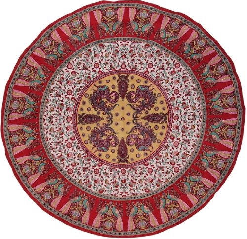 India Arts Floral Peacock Round Cotton Tablecloth 72" Red