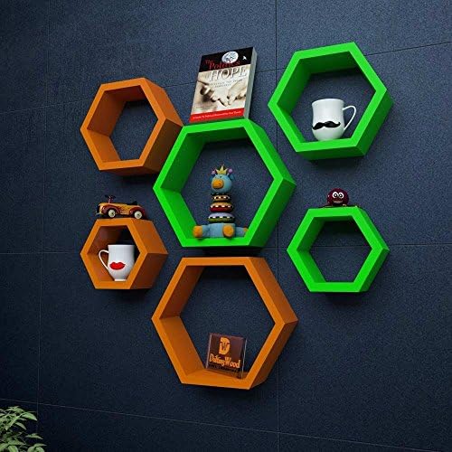 Driftingwood Wall Shelf Rack Hexagon Shape Storage Wall Shelves - Orange & Green