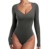 REORIA Long Sleeve Bodysuits for Women Square V Neck Going Out Top Double Lined Thong Body Suit Sexy Slimming Shirt 2025 Fall