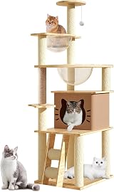 Mekidulu 145cm Cat Tree Indoor Multi-Level Condo with 2 Bowls Beige N3 view 1