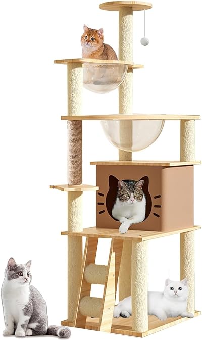 Mekidulu 145cm Cat Tree Indoor Multi-Level Condo with 2 Bowls Beige N3