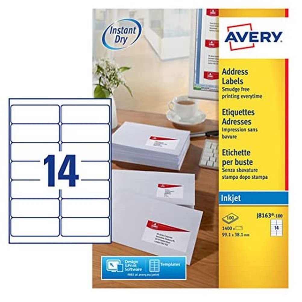 Avery Smudge Free, Printable, Address Labels, Quickdry, 99.1 x 38.1 mm, White, 14 Labels per Sheet, 1400 Blank Labels per Pack (J8163-100)