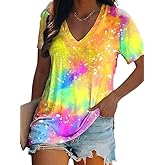 Women Tie Dye V-Neck Shirts Summer Vintage Tunic Tops Fashion Casual Swing Short Sleeve Shirts Blouse Soft Tee