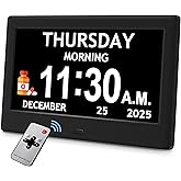 7'' Dementia Clocks for Seniors, Large Display Digital Clock with Date Time | Easy to Read and Setup, Alarm Clocks for Bedrooms, 10 Reminders &amp; 6 Alarms, Auto DST, Alzheimer Elderly Seniors Gifts, Black