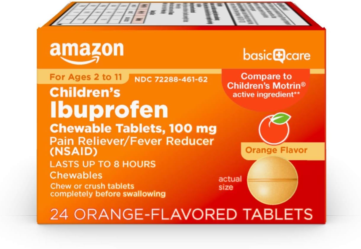 Basic Care Children's Ibuprofen Chewable Tablets, 100 mg, Pain Reliever and Fever Reducer (NSAID), 24 Count: Health & Personal Care