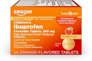 Amazon Basic Care Children's Ibuprofen Chewable Tablets, 100 mg, Pain Reliever and Fever Reducer, Orange Flavor, For Aches, Pains, Sore Throat, Toothache and Headache Relief, 24 Count