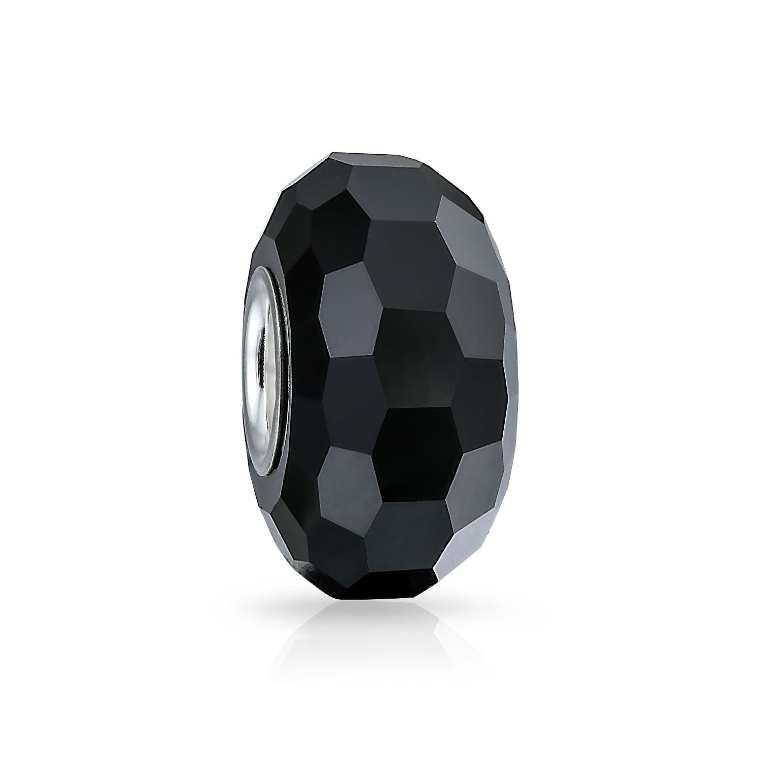 Bling Jewelry Solid Black Faceted Murano Glass .925 Sterling Silver Core Spacer Bead Fits European Charm Bracelet For Women Teen