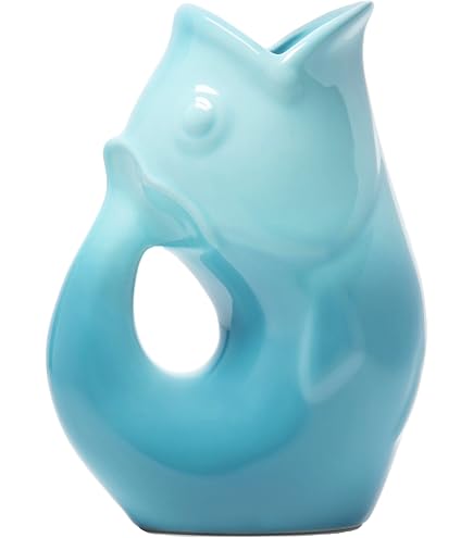 Gurgle Pot Fish Pitchers Set Of 2 - Large (42 Oz) & Mini (3 Oz), Pink, Stoneware, Makes Gurgling Sound When Pouring