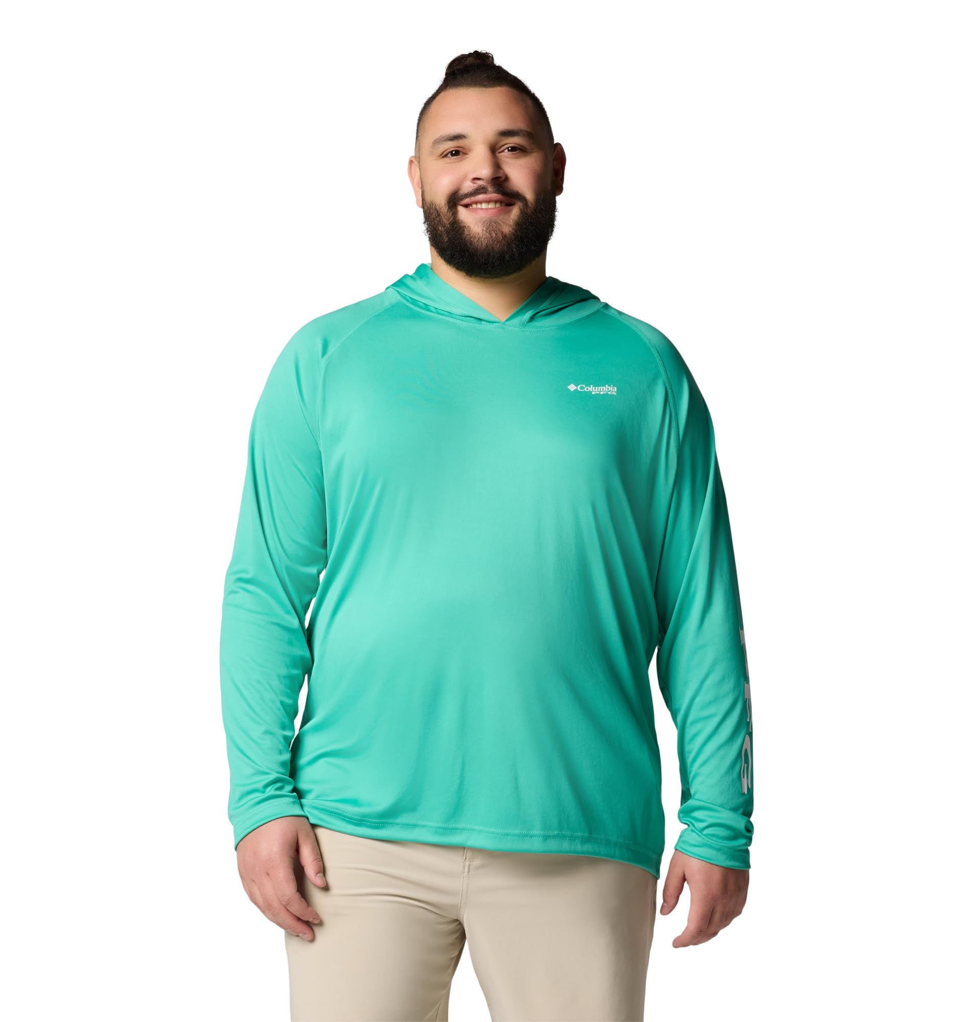 Columbia Mens PFG Terminal Tackle Long Sleeve Fishing Hoodie, Glaze Green/White Logo, 1X Image