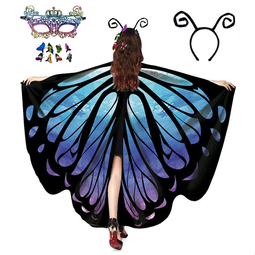 HAPNBCELE Womens Butterfly Wings Costume, Butterfly Cape 11PCS with Lace Masks Hair Clips Halloween Christmas Fairy Cosplay (Blue Purple, 165 x 135cm) — image 1