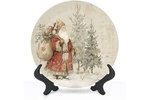HABEN ARTWORK Decorative Ceramic Plates for Display with Stand, 8" Vintage Santa Holiday Santa Claus Christmas Tree Gift Sack Dinner Plate for Wall Hanging Tabletop Decor Home Housewarming Gifts