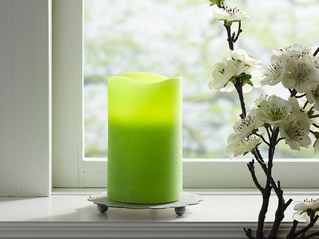 Star LED real wax candle, flickering colour : light green,ca. 12,5 cm x 7,5 cm, battery operated, window box with, 067-65