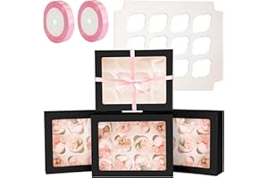 qiqee Auto-pop Up Black 12 Count Cupcake Boxes with Window 40PCS Cupcake Box 13"x10"x3.5" Cupcakes Carrier, 12 Cupcake Contai
