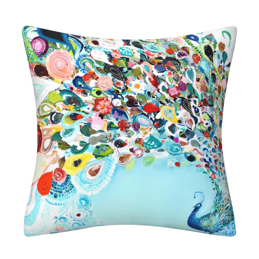 Peacock Cushion Covers 45 x 45 cm Colorful Peacock Oil Painting Art Feather Cushions Pillow Cover Home Decorations Cushions Covers for Livingroom Couch Sofa Decor Throw Pillow Case 18"x18"