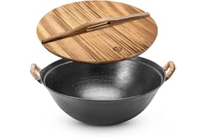 WANGYUANJI 13.4 inch Round-Bottom Cast Iron Chinese Wok with Lid, Double Handles, Coating-Free Stir-Fry Pan for Gas/Open Flam