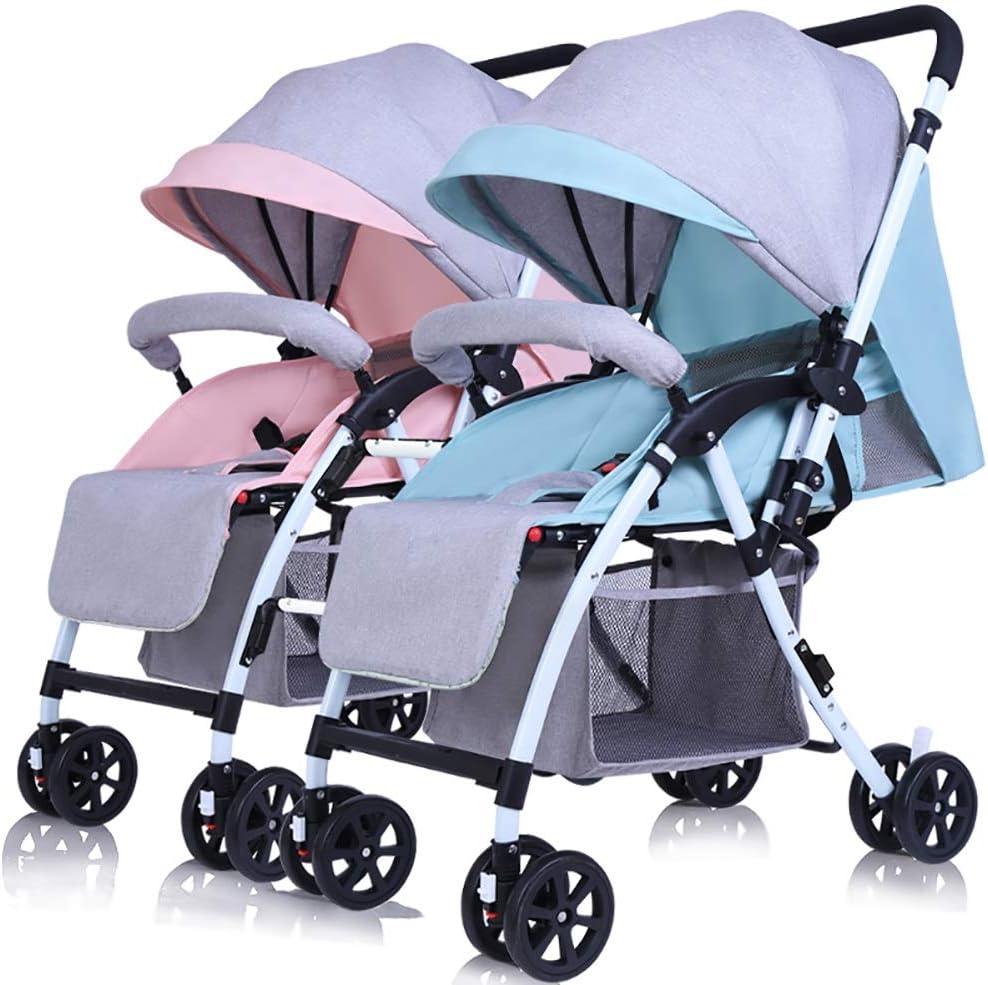 Twin Baby Stroller Detachable Can Sit and Lie Down Lightweight Foldable Double Trolley Linen Handle Reversible -by Virtpers (Color : Mint Green+Pink)
