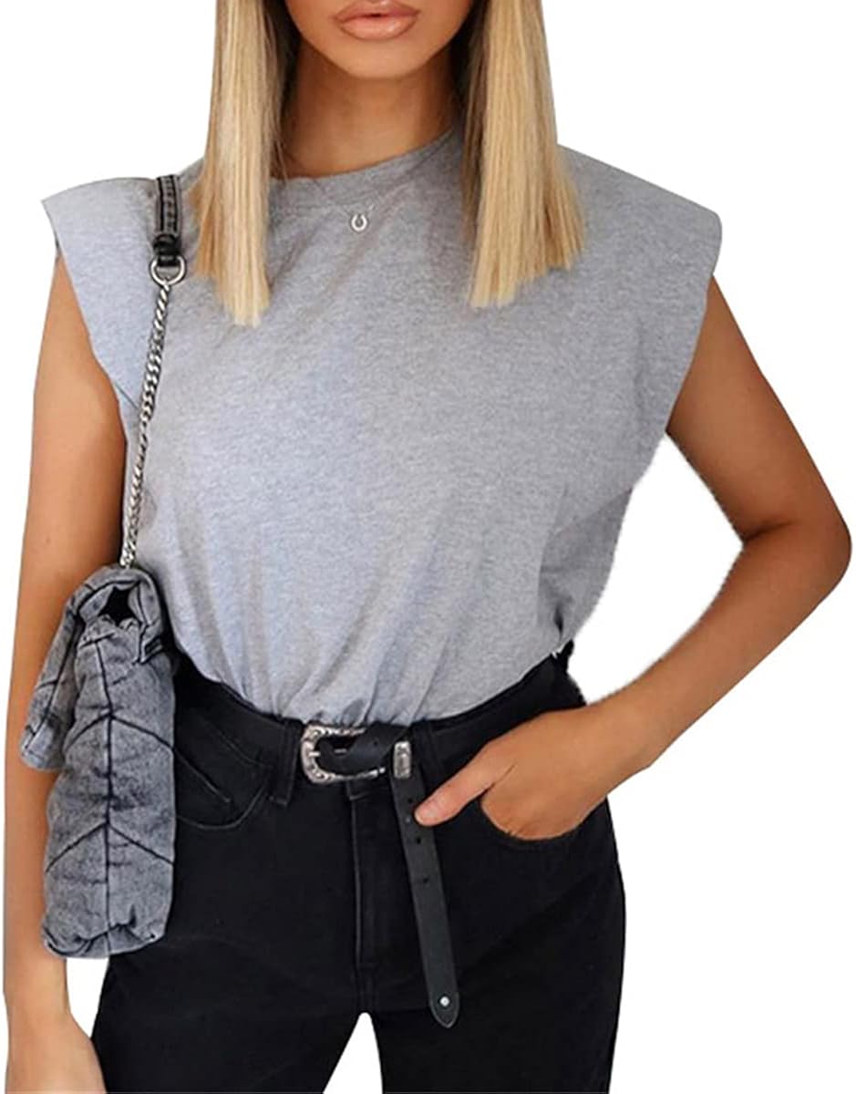 Women's Sleeveless T-Shirt with Shoulder Pads Women's Casual Round Neck ...