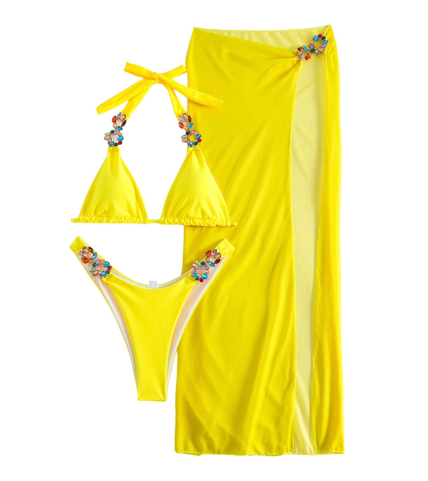 Photo 1 of ****SEE NOTES*** Bikini Set for Women 3 Piece Lace-up Rhinestone Bikini Glitter Halter Crystal Swimsuit with Beach Skirt Jeweled Bathing Suit for Beach Pool PartyL Yellow