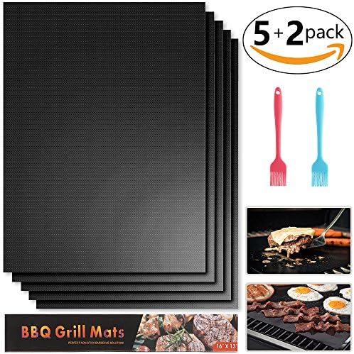 BBQ Mat Set of 5, HEMRLY Non Stick Grill Mats Reusable Heat Resistance Grilling Mats - Dishwasher Safe, FDA Approved, Safe for Gas, Charcoal, Electric Grill - 16" x 13" with brush