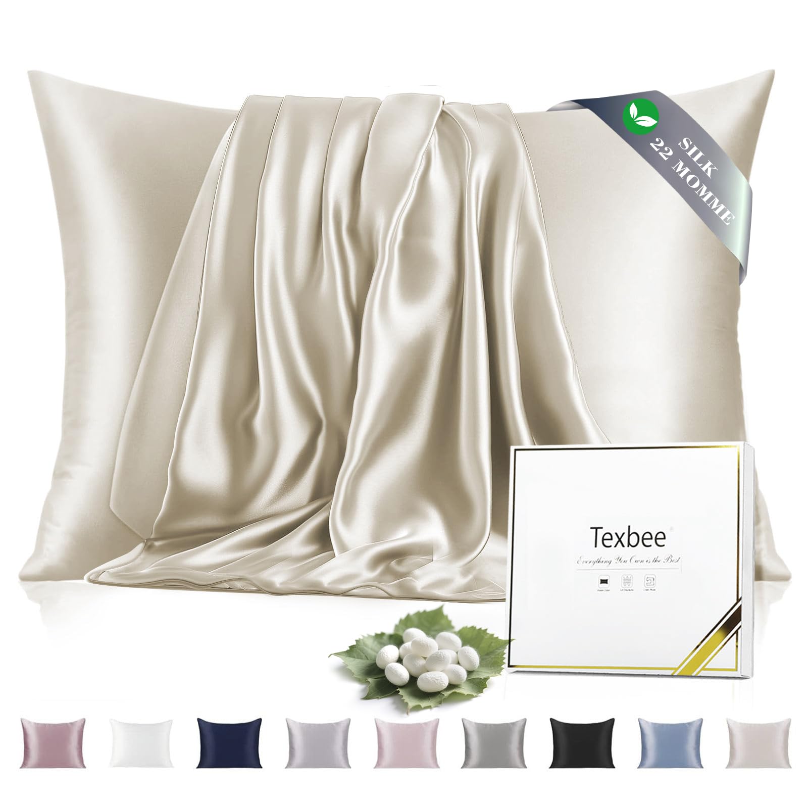 Texbee Silk Pillowcase, 22 Momme Mulberry Silk Pillowcases for Hair and Skin Health, Soft Smooth Breathable Cool Pure Pillow Case for Beauty Sleep, with Gift Box, 1pc (Standard 50x66 cm, Cream)