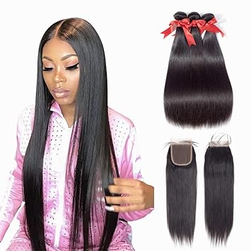 Amazon Com Mqyq Hair Brazilian Straight 3 Bundles With Closure
