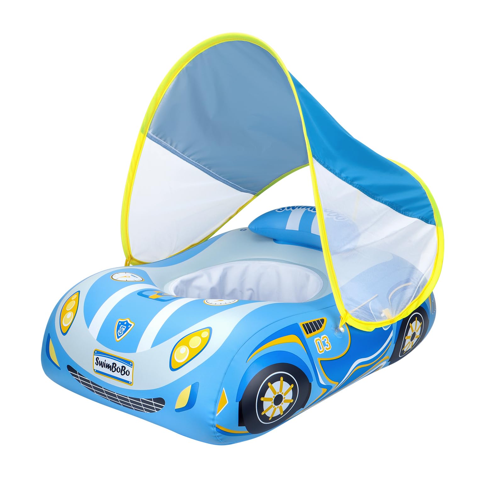 Swimbobo Toddler Pool Float Inflatable Car Baby Swim Float with Adjustable Sun Canopy and Safety Seat Pool Toys for Kids 3 Years Old + (Blue Sports Car) (Blue Car)