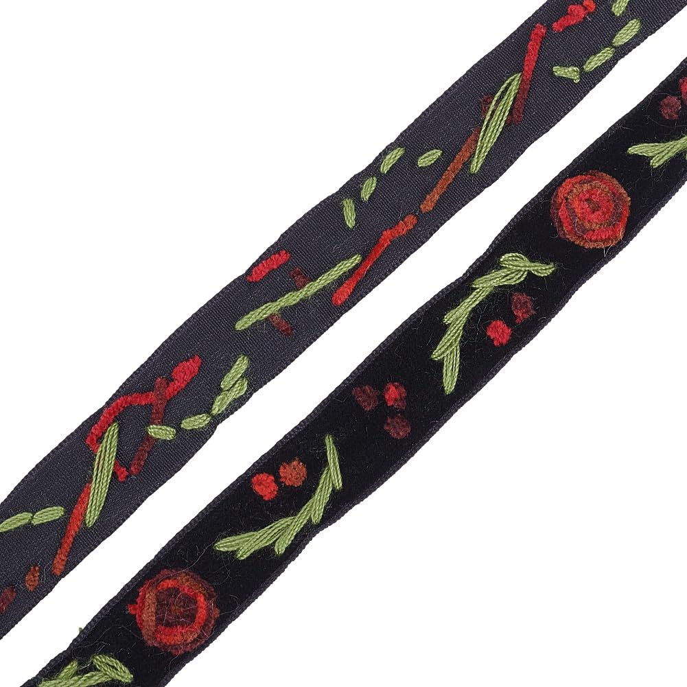 GOMAKERER 1 Yard Floral Embroidered Ribbons, Black Polyester Velvet Ribbon Single Faced Ribbon Woven Lace Trim for DIY Clothing Curtain Embellishment Decoration