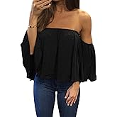 Bluetime Women Summer Off Shoulder Chiffon Blouse Ruffles Short Sleeves Tops Casual T Shirt