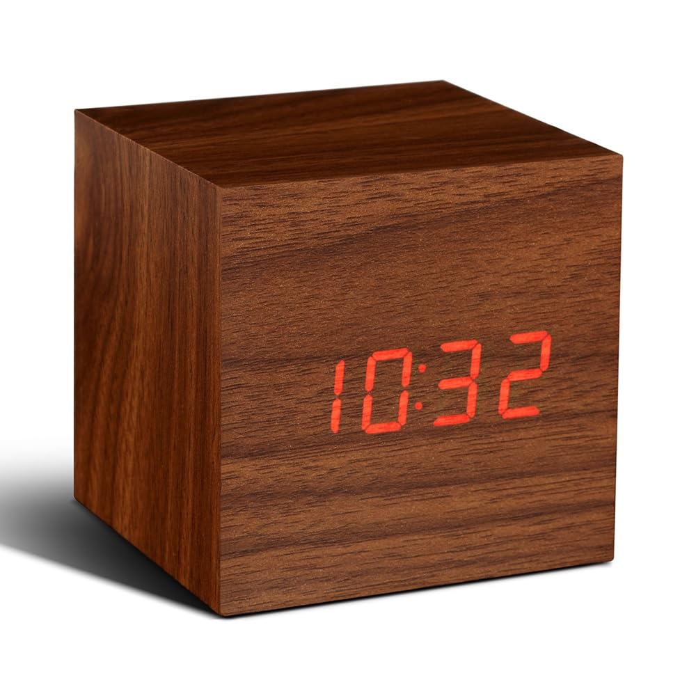 Gingko Brown Cube Walnut Click Clock with Red LED