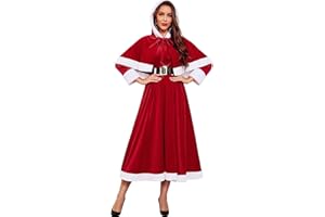 RSLOVE Christmas Dresses for Women - Mrs Claus Santa Costume with Removable Hooded Cape and Belt Holiday Party Outfit
