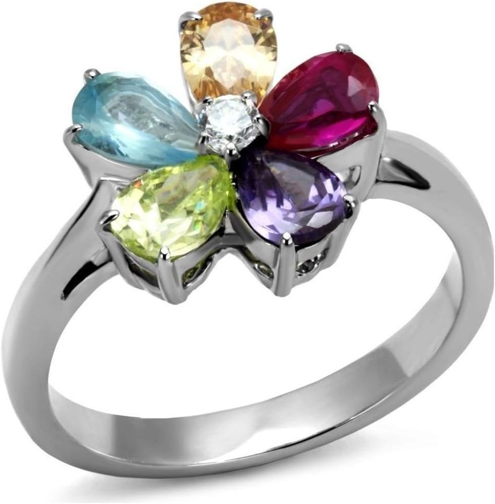 ATLJewelry 12 mm Wide Flower Petal Multi Color Designer Ring Stainless Steel
