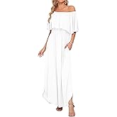 AUSELILY Womens Off The Shoulder Dress Summer Casual Long Ruffle Party Side Split Beach Maxi Dresses with Pockets