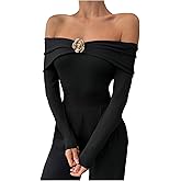 MakeMeChic Women's Elegant Off The Shoulder Tops Metallic 3D Floral Shirt Long Sleeve Bodysuit Leotard