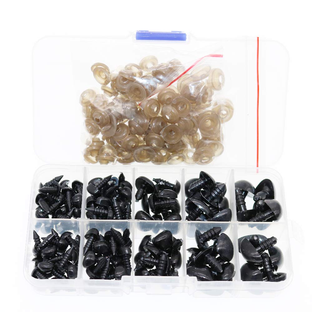 BITEYI Plastic Colorful Safety Smooth Noses with Washers,130 Pcs 8-16mm DIY Craft Noses for Making Doll,Puppet,Plush Animal Works (Black)