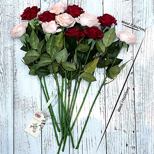 FiveSeasonStuff Fake Roses Wedding Flowers Real Touch Silk Enchanting Rose Mix Artificial Flowers (Dark Red, Champagne Pink) 12 Stems