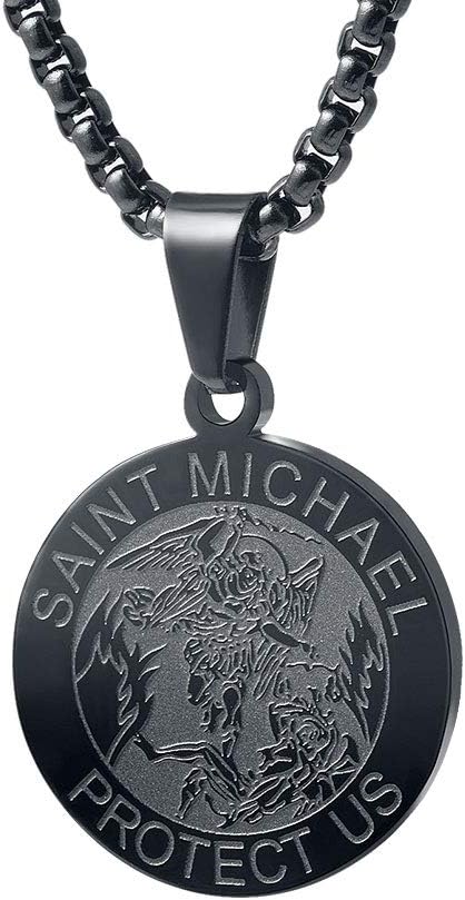 Wolentty Saint Michael Necklace - 1 Inch Stainless Steel Round St. Michael Religious Medal Pendant Hanging with 24" Box Chain
