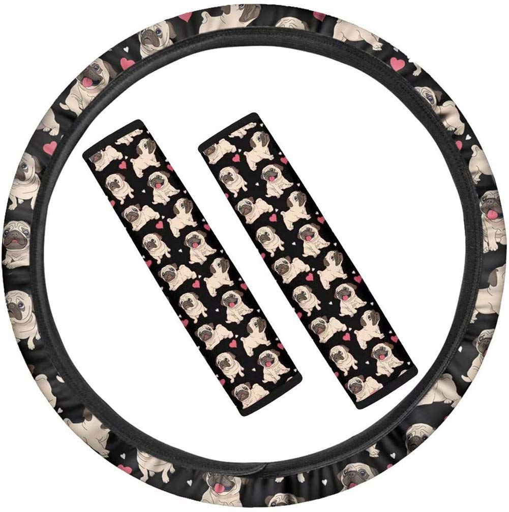 SEANATIVE Cute Pug Puzzle Car Accessories Set, Included Cozy Neoprene Smooth Fabric Car Steering Wheel Cover and Seat Belt Covers 2 Packs for Women Universal Fit Most Cars