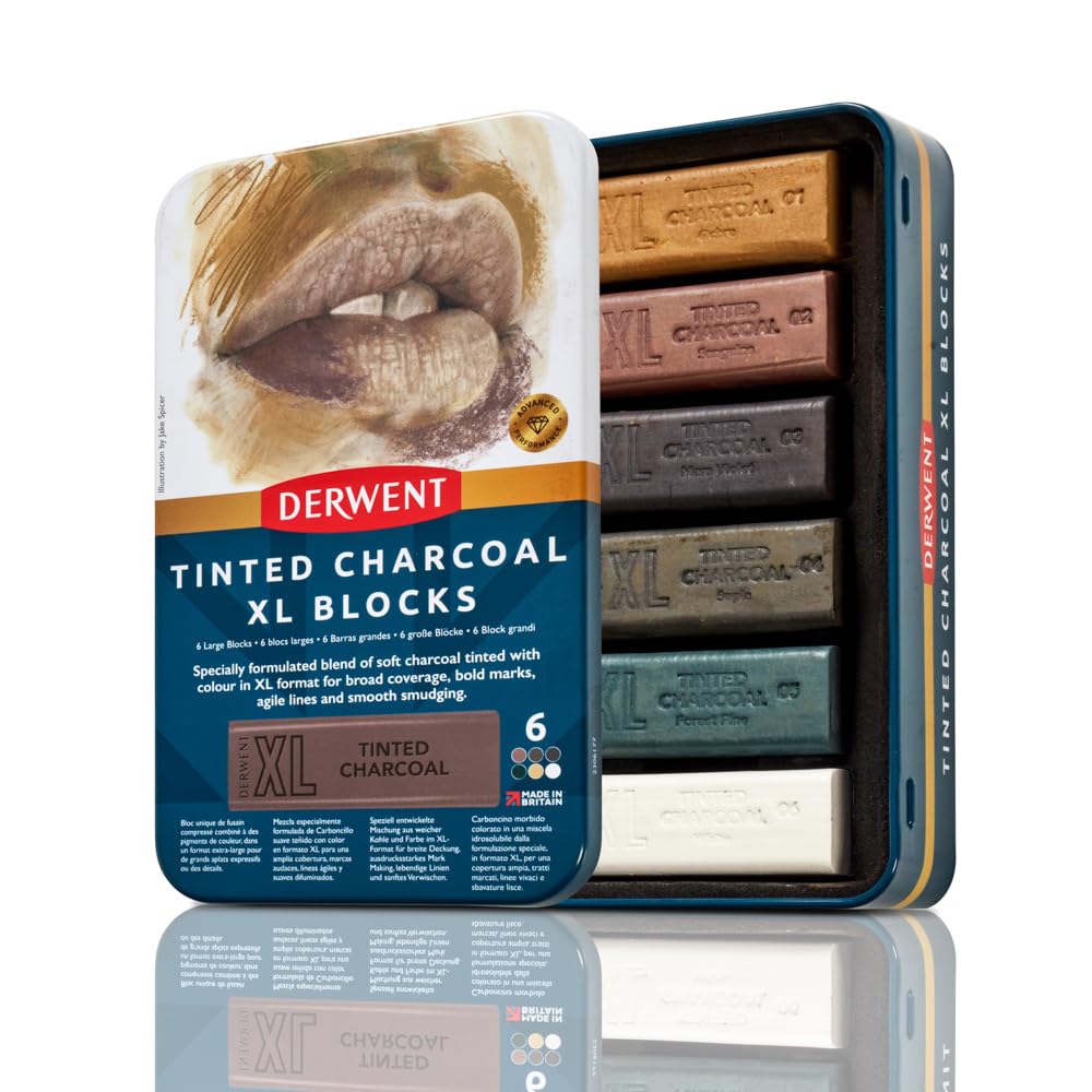 Derwent Tinted Charcoal XL Blocks 6 Tin, Set of 6, 60mm Extra-Large Block, Naturally Water-soluble, Ideal for Sketching, Drawing and Expressive Mark Making, Professional Quality, 2306177