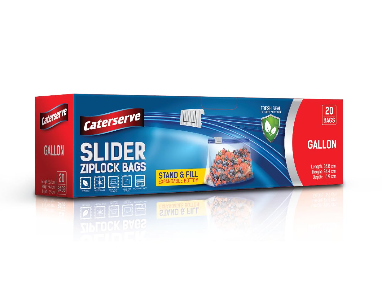 Slider Ziplock Bags – 1 Gallon Food Storage Bags - 20 Resealable Food Bags – Stand and Fill Expandable Bottom – Freezer and Microwave Safe – Ideal for Leftovers, Fruit, Veggies