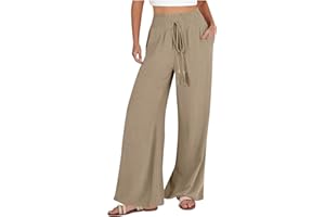 LEHOZIHEQ Women's Cotton Linen Palazzo Pants Summer Solid Trousers Elastic High Waist Wide Leg Pants with Pockets