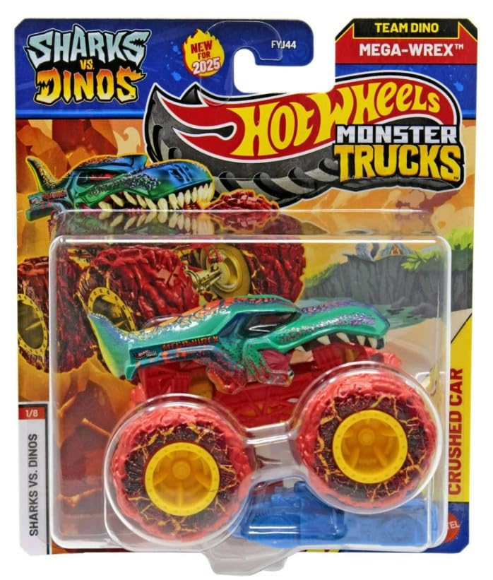 Hot Wheels Monster Trucks Sharks vs Dinos, 1:64 Scale Die-Cast Vehicle Collection, 2025 Edition (1/8 Team Dino Mega-Wrex)