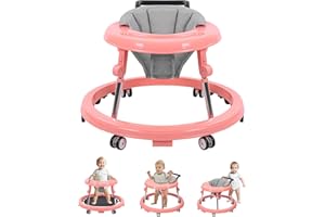QIZHI-BEAR Baby Walker with Wheels, Activity Center with Mute Wheels Anti-Rollover, 5-Position Height Adjustable Foldable Baby Walker for Boys and Girls from 6-18 Months with Footrest