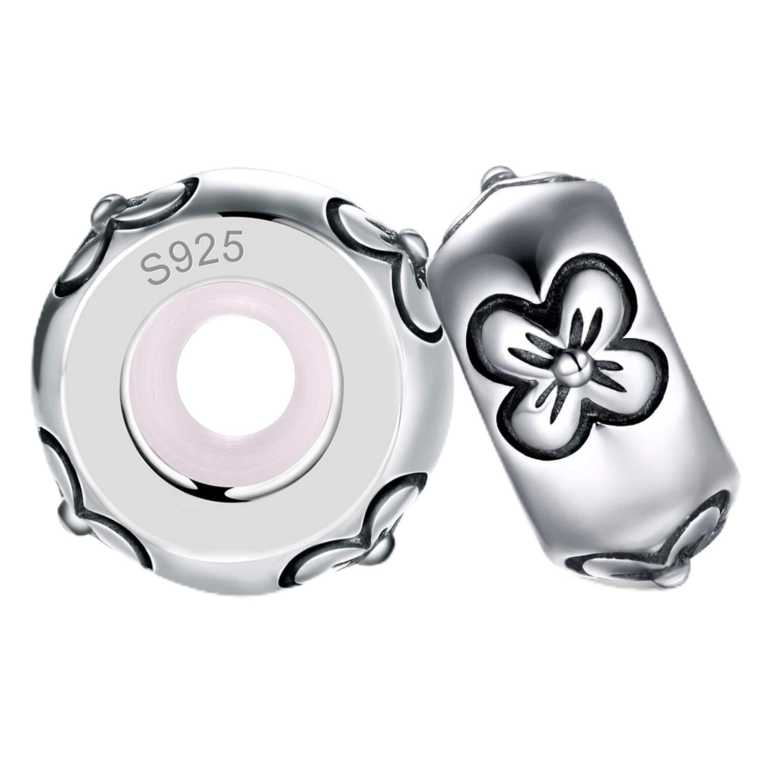 Lovans 2 PCS 925 Sterling Silver Rubber Spacer Stopper Bead for Bracelets Jewelry Gift for Her Women (Silver Flower)