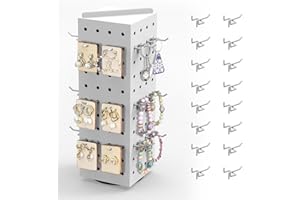 Ngdiluxury Rotating Pegboard Display Stand with 16 Hooks,Metal Spinning Peg Board Display Countertop Retail Rack for Vendors Craft Shows 4-Sided Jewelry Keychain Earring Organizer Accessories White