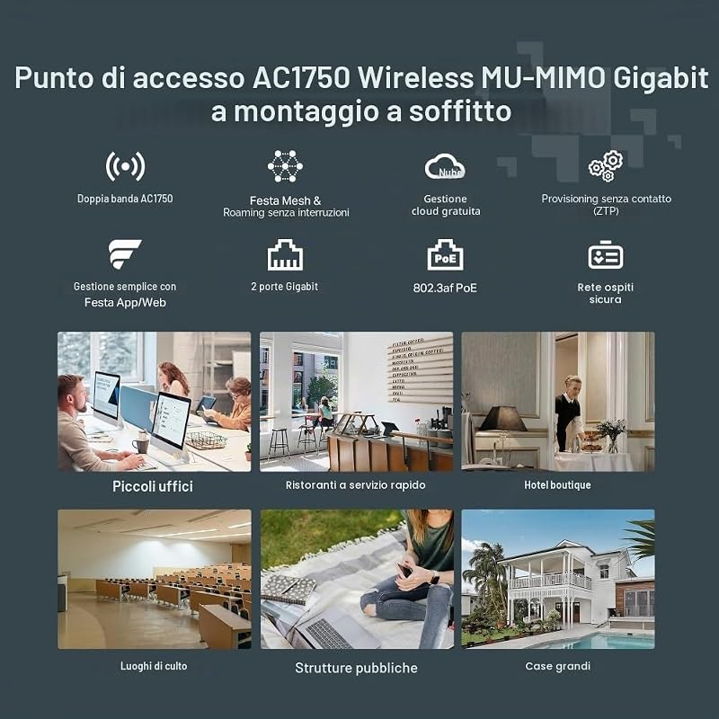 Festa F54 AC1750 Wireless MU-MIMO Gigabit Punto di Accesso Wi-Fi 5 da Soffitto, fino a 1,75 Gbps, Gestione Cloud Gratuita, Facile Configurazione